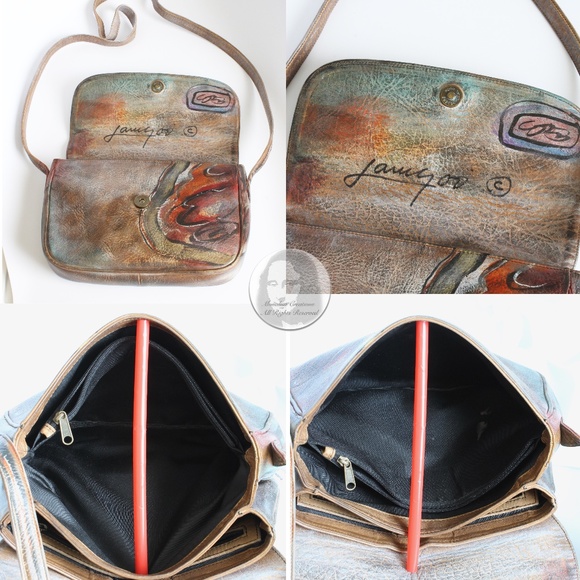 Jane Yoo Bag Crossbody Distressed Leather Handpainted Wearable Art Flap Bag - Picture 8 of 9